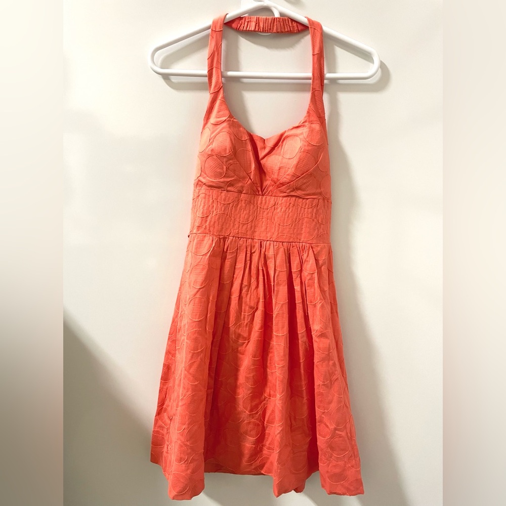 Coral halter polkadot cocktail dress